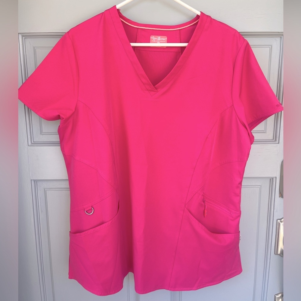 Ava Therese Ribbed Knit Back Scrub Top, Bright Pink V-Neck, Women’s Sz XL - Picture 3 of 9